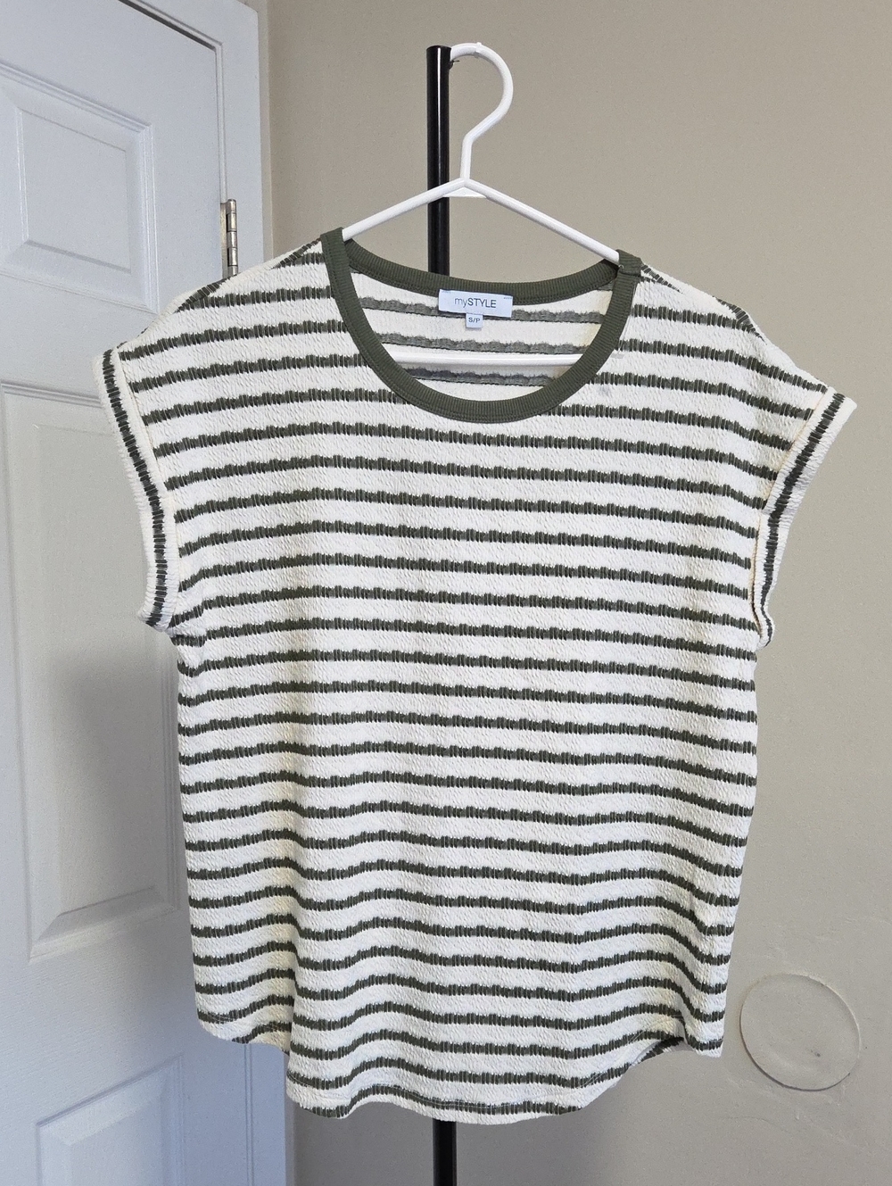 MyStyle Olive and Cream Striped Knit Tank Top